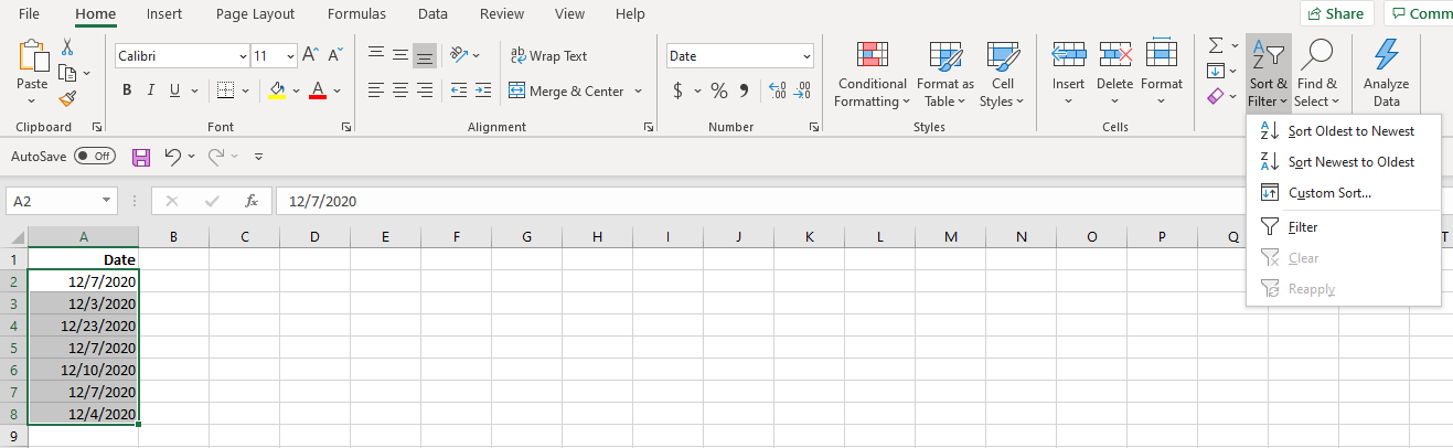 Ảnh chụp màn hình Excel Sắp xếp cột theo ngày Ribbon
