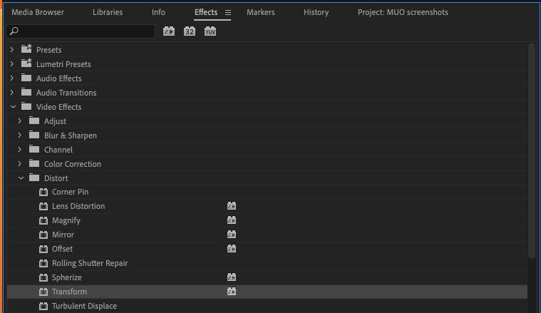 Vị trí hiệu ứng Premiere Pro Transform
