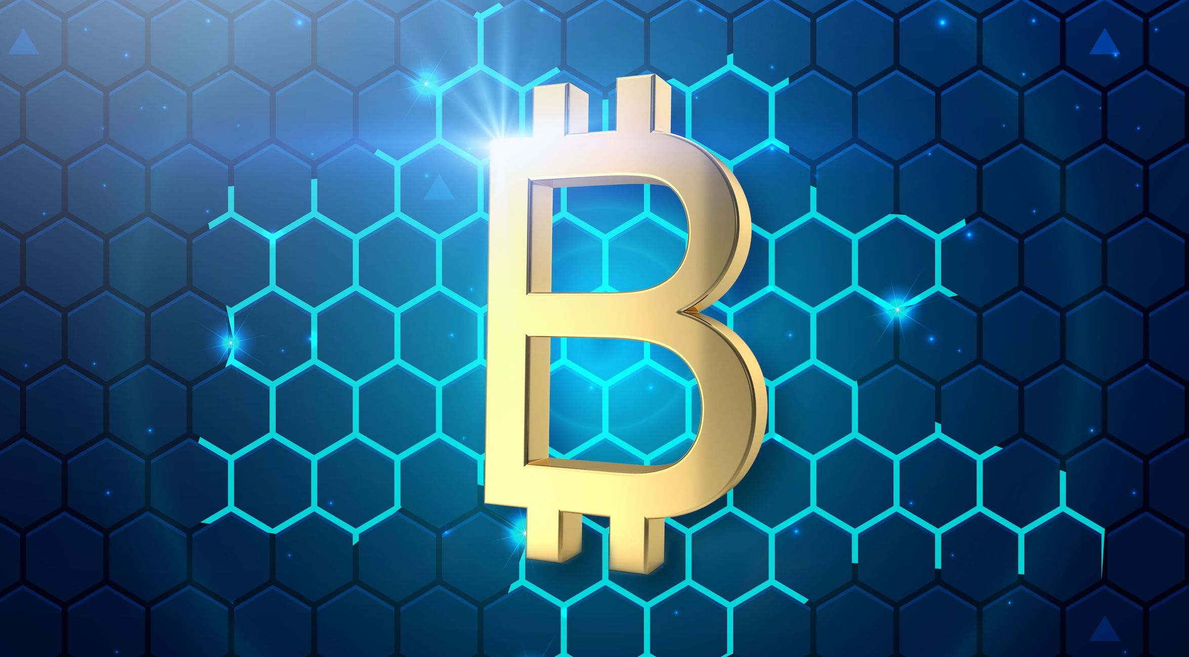 logo bitcoin vàng trên lưới lục giác kỹ thuật số màu xanh