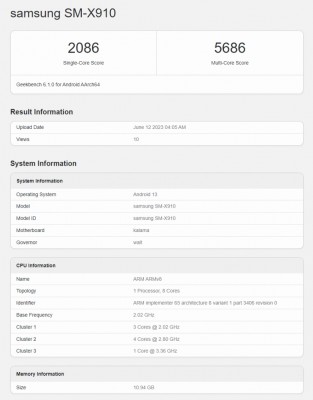 Samsung Galaxy Tab S9 (SM-X910) chạy Geekbench 6.1