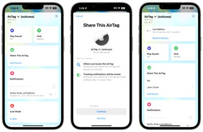 giao diện chia sẻ airtag ios 17