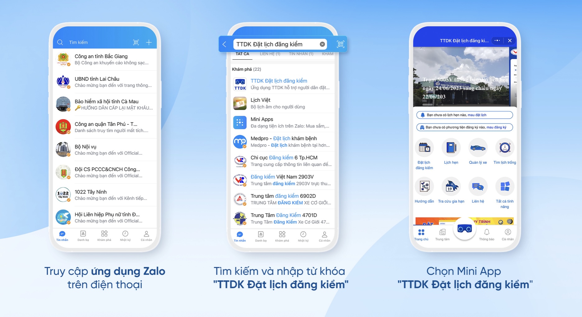Có thể gia hạn hoặc đặt lịch đăng kiểm phương tiện trên Zalo TechTimes Vietnam Người dùng dễ dàng truy cập mini app “TTDK Đặt lịch đăng kiểm” trên Zalo