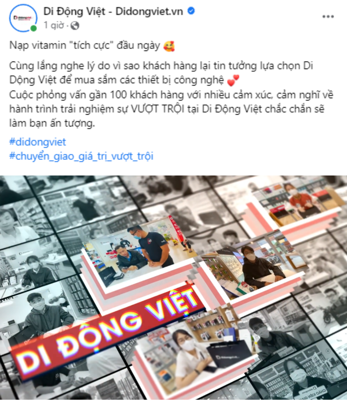 Di Động Việt chia sẻ video phỏng vấn gần 100 khách hàng trên fanpage 