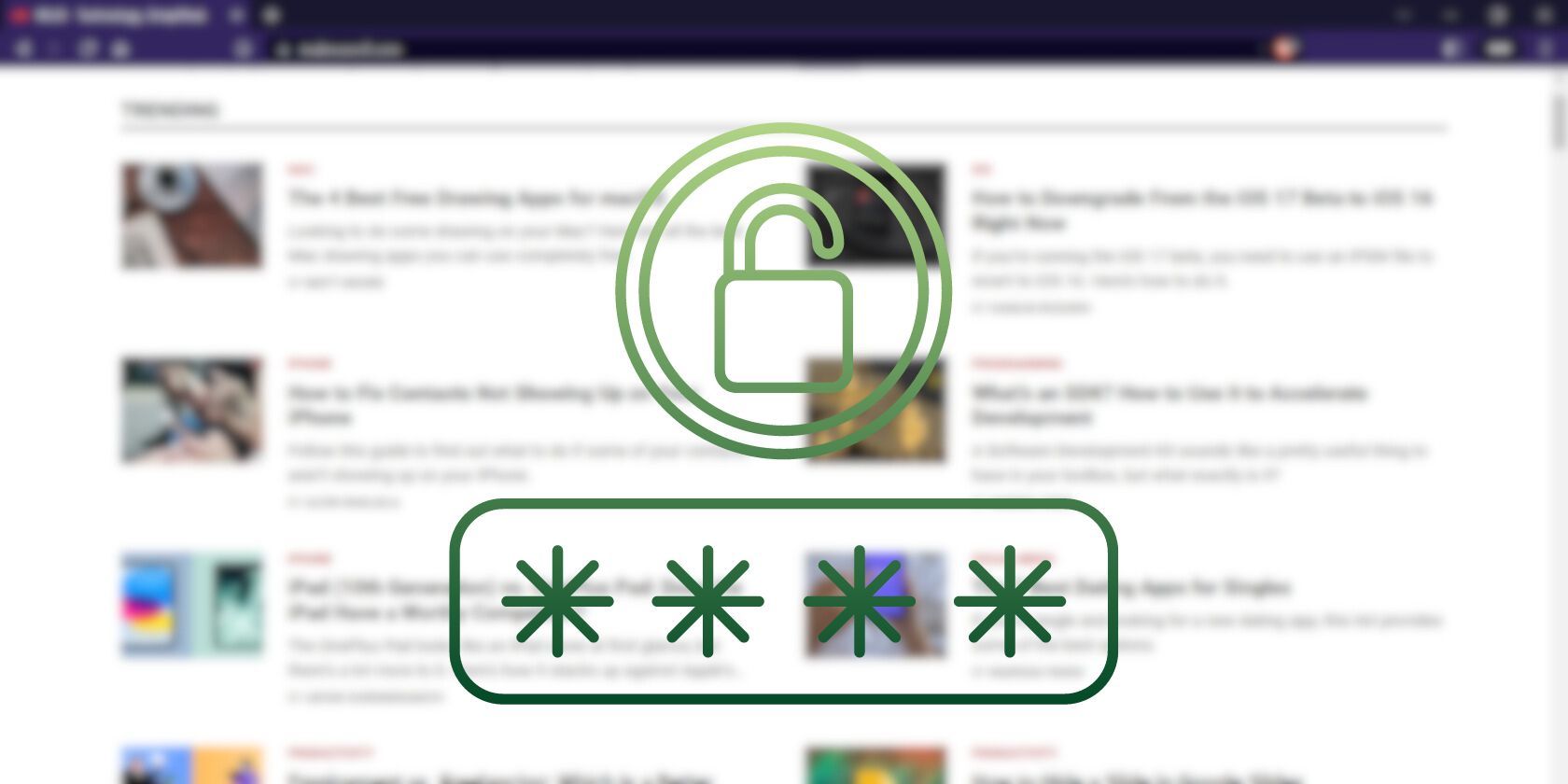 Lưu mật khẩu trong trình duyệt của bạn? Bạn không nên: Đây là lý do tại sao Blurred screenshot of the MUO homepage with password and lock symbol