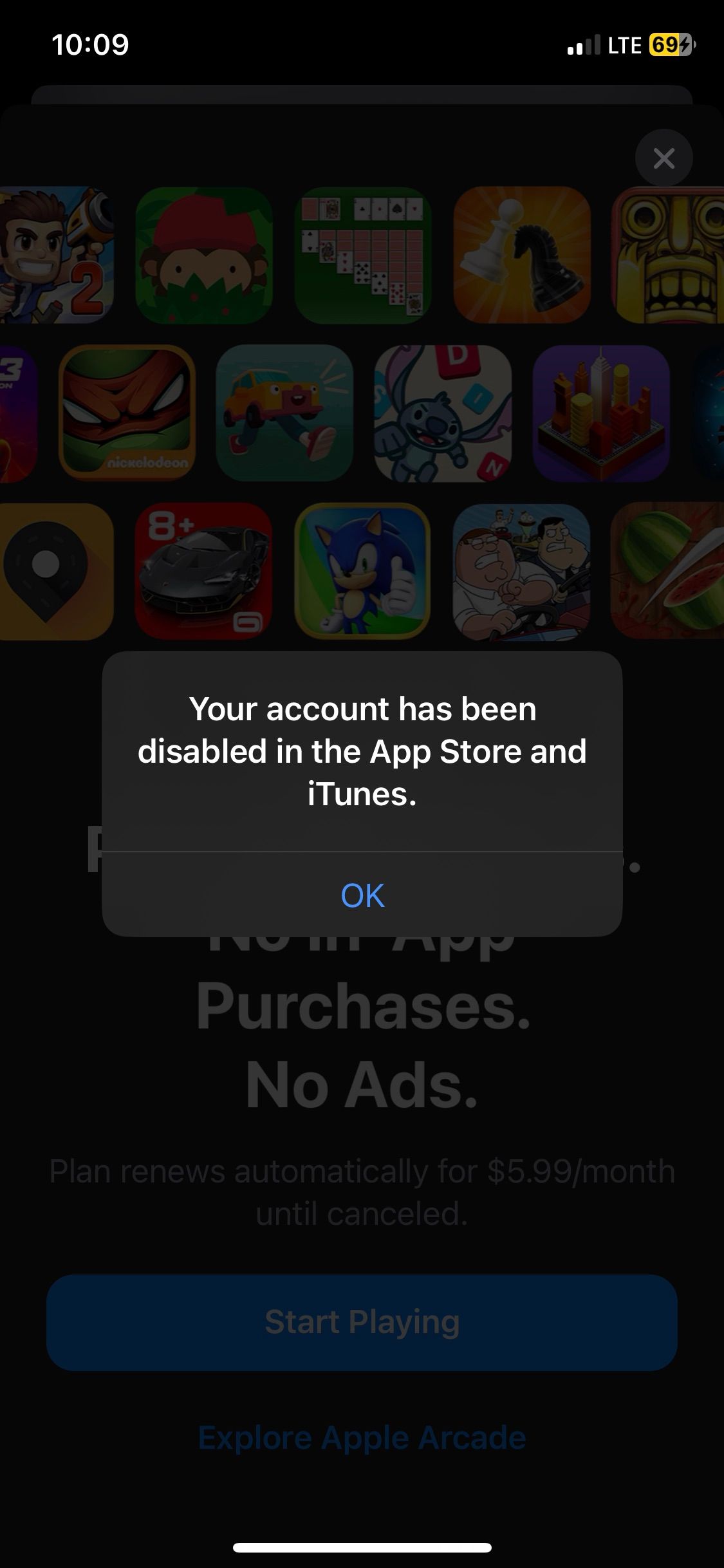 Thông báo về tài khoản bị vô hiệu hóa trên trang Apple Arcade