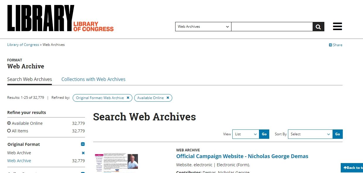 Ảnh chụp màn hình Lưu trữ Web của Thư viện Quốc hội
