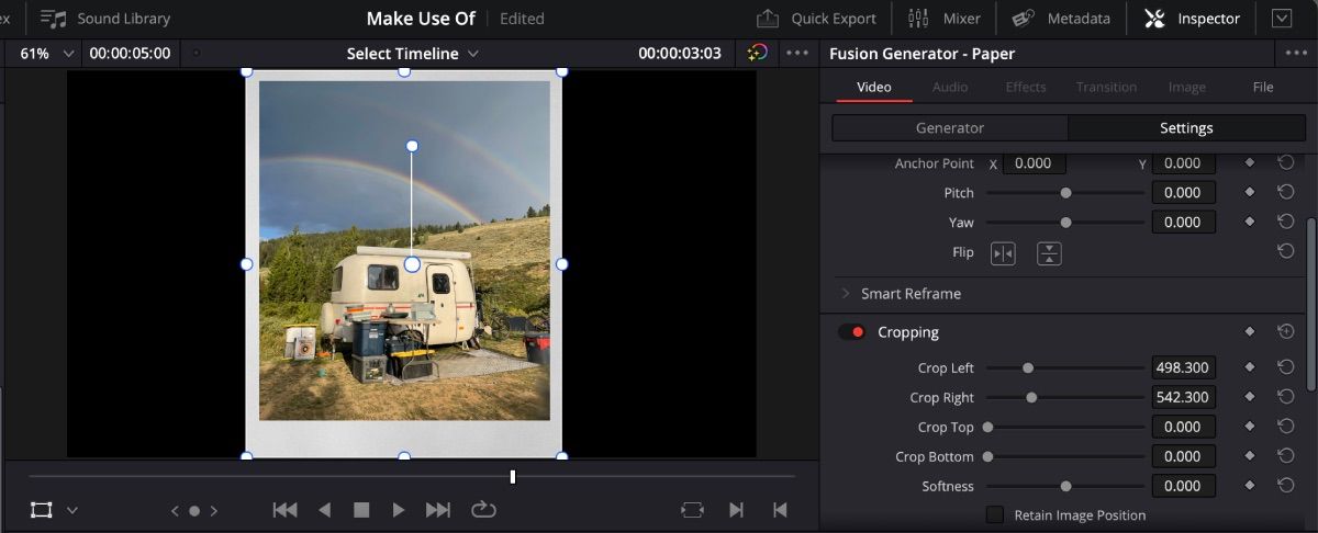 Tùy chọn cắt DaVinci Resolve Polaroid