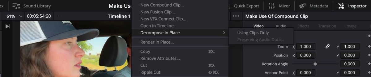 Tùy chọn Phân tách Clip Hợp chất của DaVinci Resolve