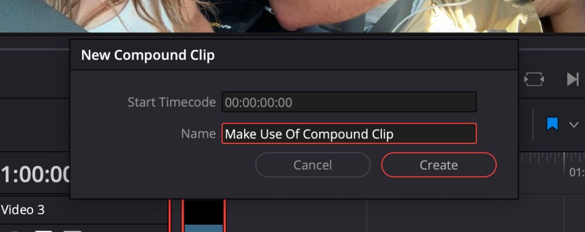 DaVinci Resolve tab đặt tên Compound Clip mới