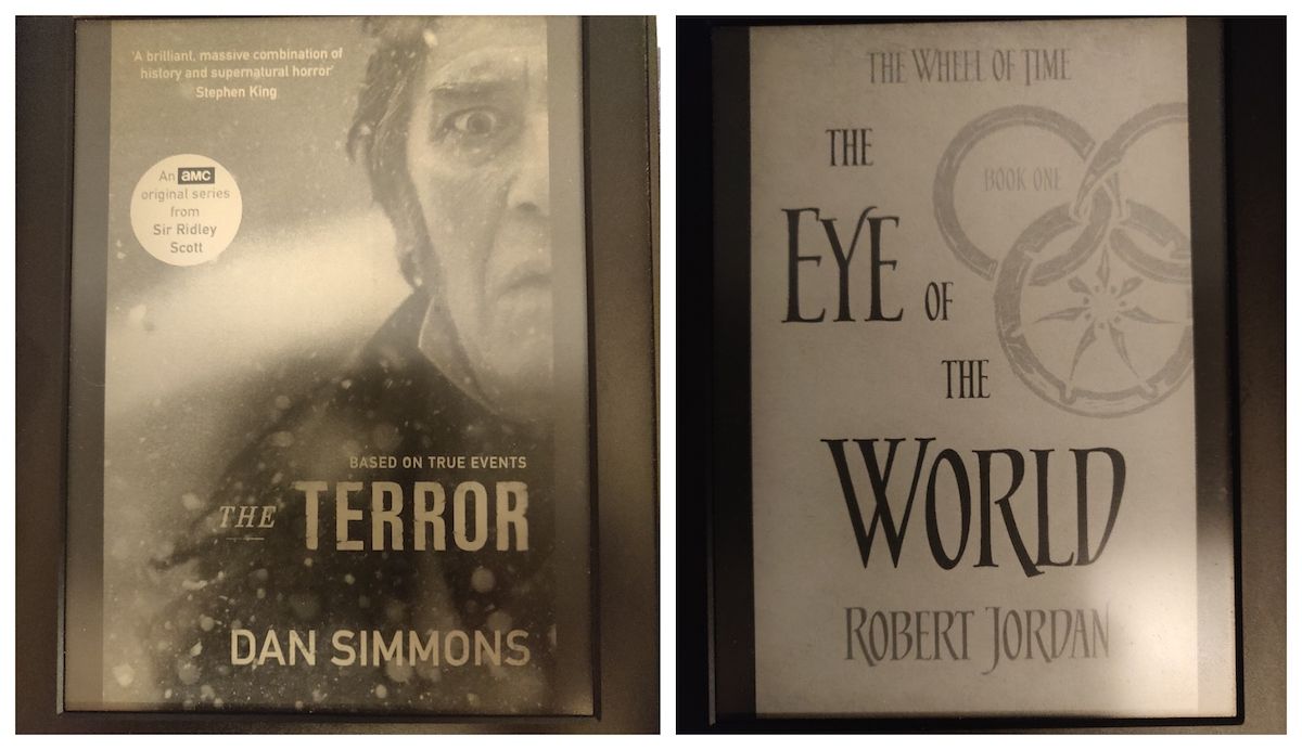 Hai chiếc Kindle khác nhau bao gồm một cuốn The Terror và chiếc còn lại là The Eye Of The World