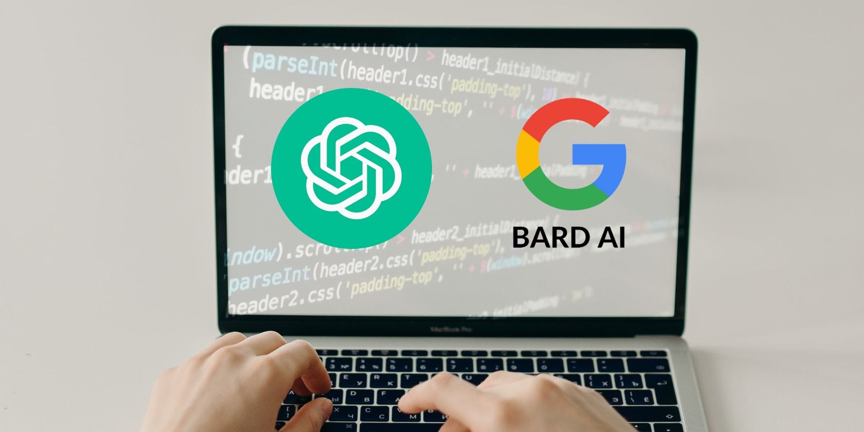 Màn hình laptop hiện logo chatgpt và google bard
