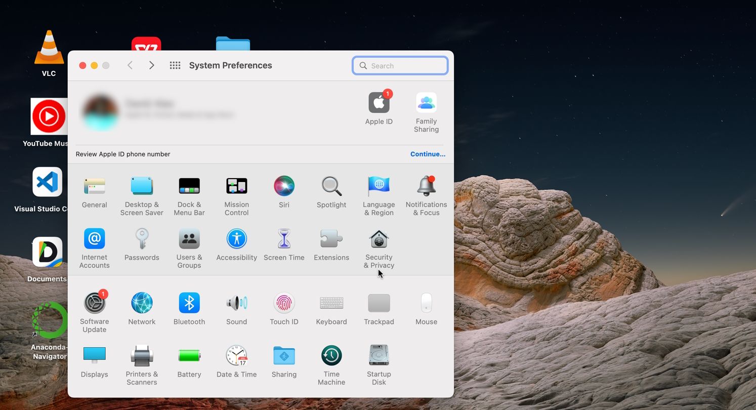 Ảnh chụp màn hình Hiển thị Bảo mật & Quyền riêng tư trên Macbook