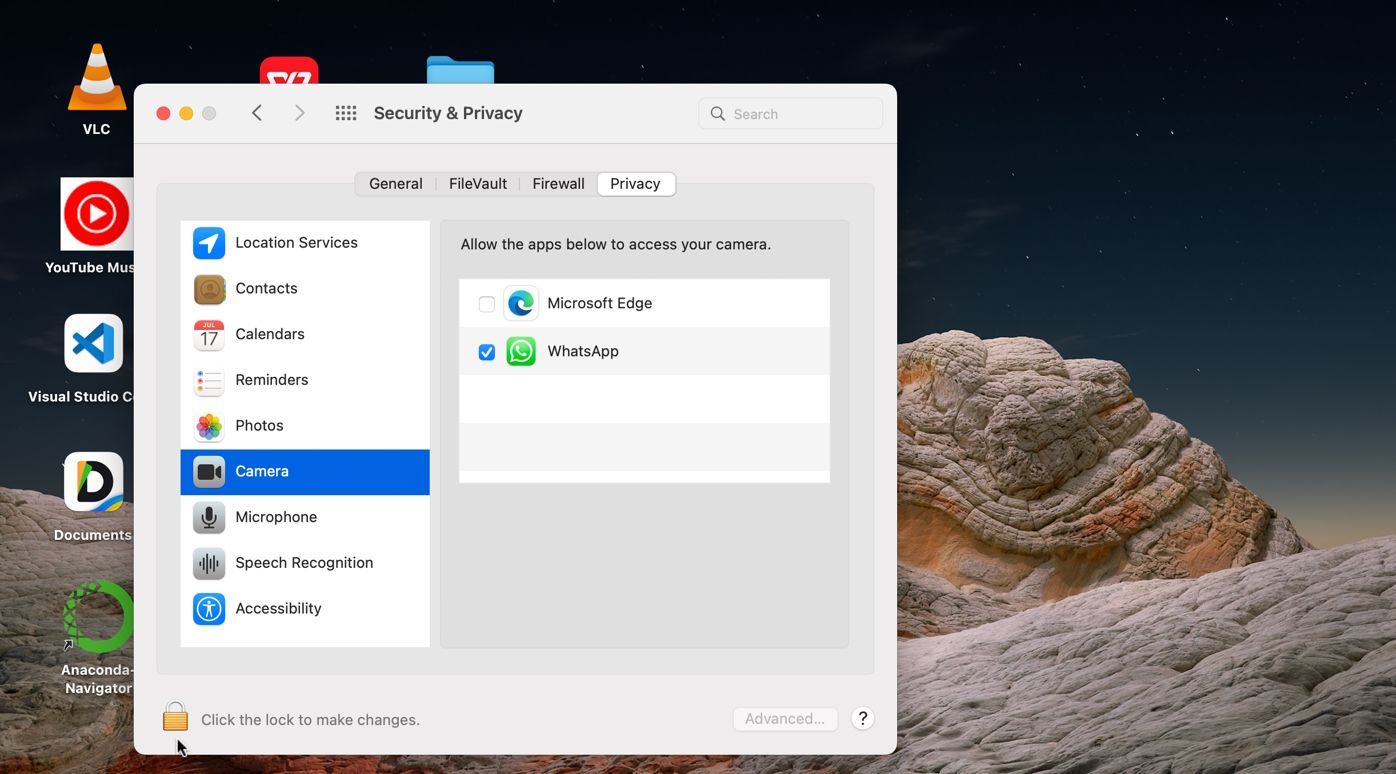 Ảnh chụp màn hình Hiển thị cài đặt quyền của máy ảnh trên Macbook