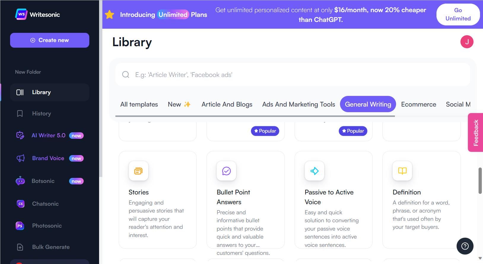 Các tùy chọn viết chung của Writesonic