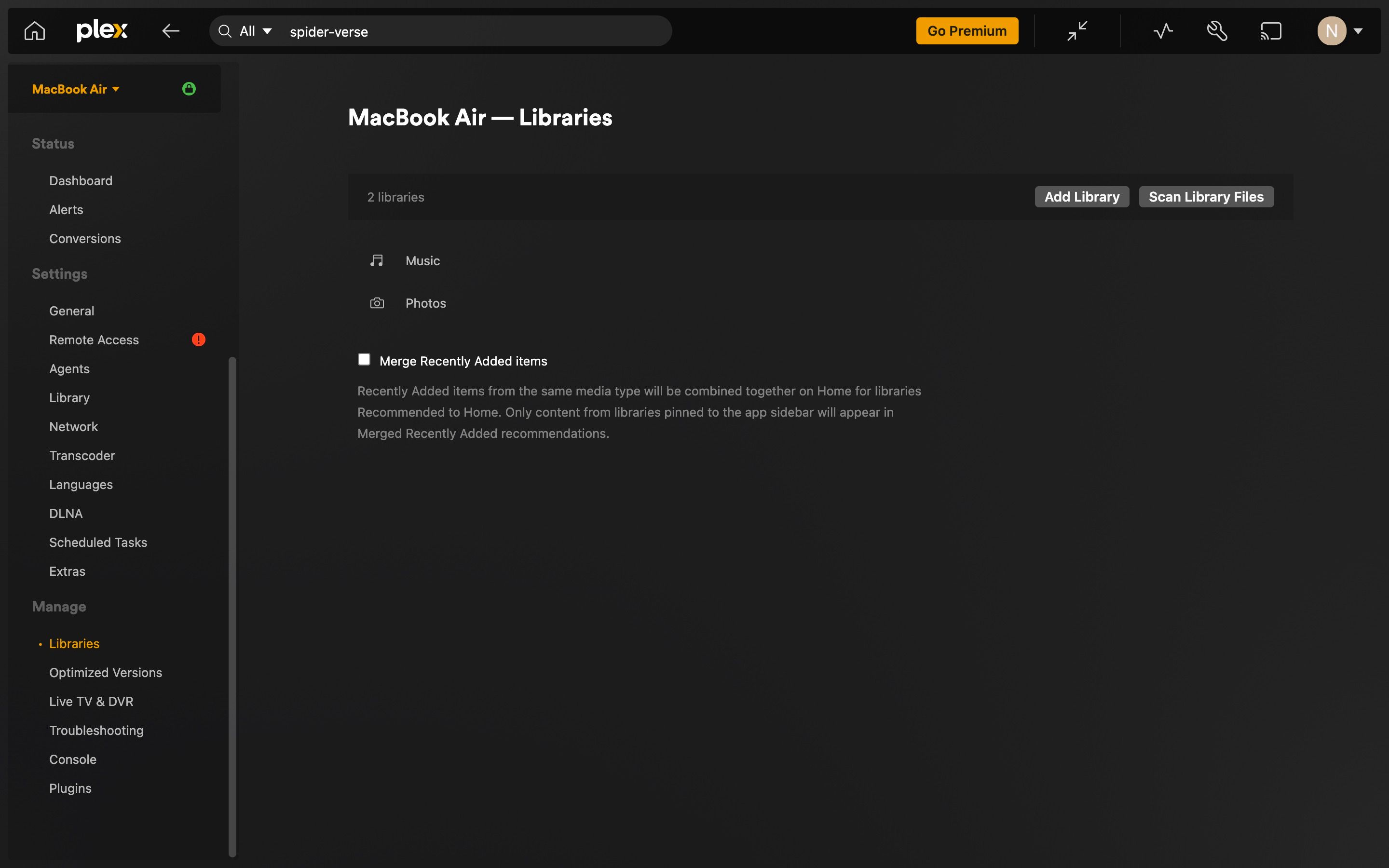 Tùy chọn quản lý thư viện Plex trong Cài đặt