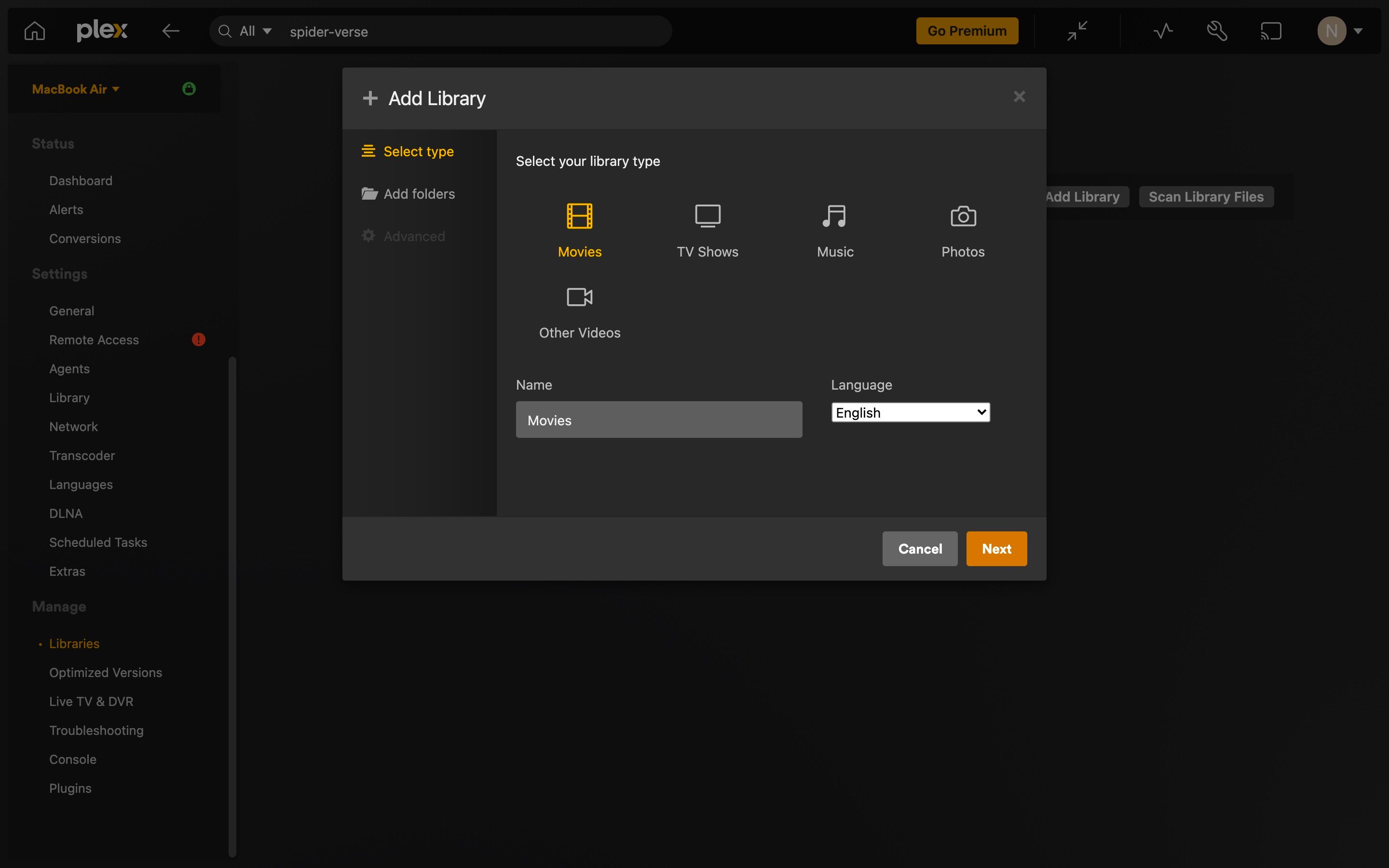 Cửa sổ phụ Thêm thư viện của Plex với 'Phim' được tô sáng
