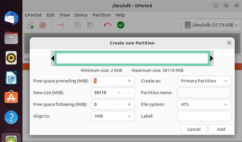 tạo phân vùng ntfs mới trong gparted