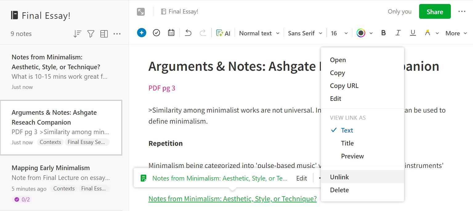 Lưu ý liên kết trong Evernote
