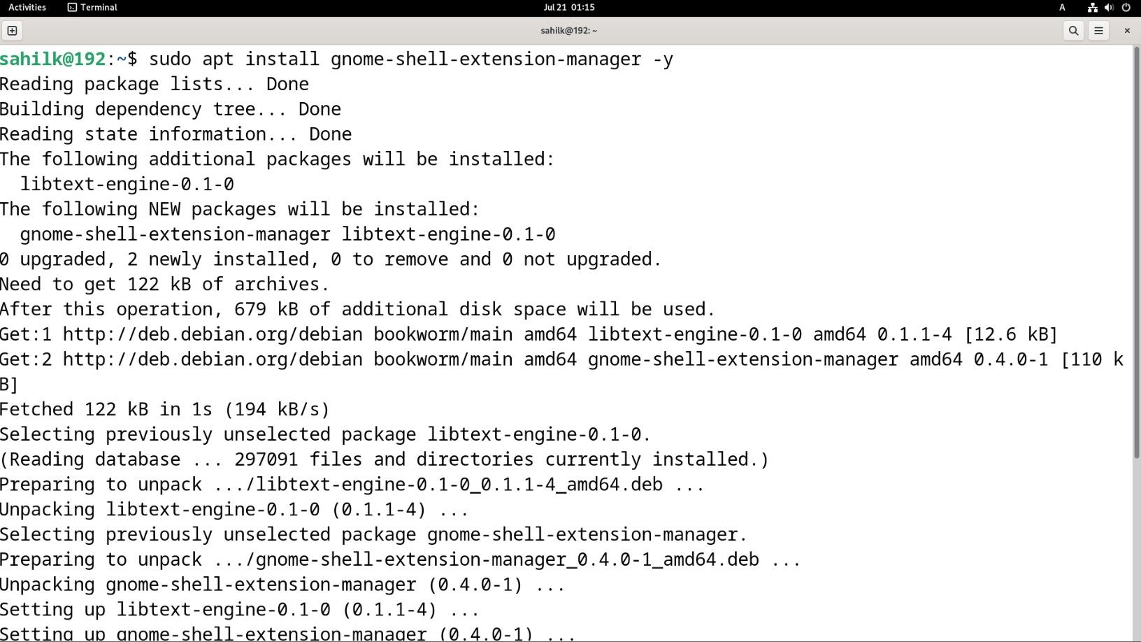 Giao diện đầu cuối Linux Debian hiển thị các lệnh cài đặt
