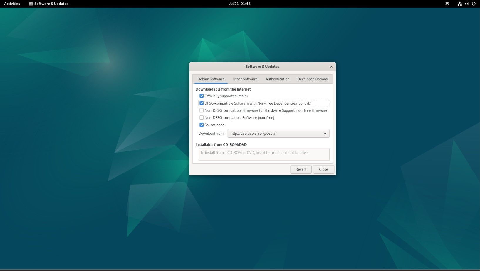 Mở hộp thoại trên Debian 12 hiển thị các tùy chọn cập nhật phần mềm
