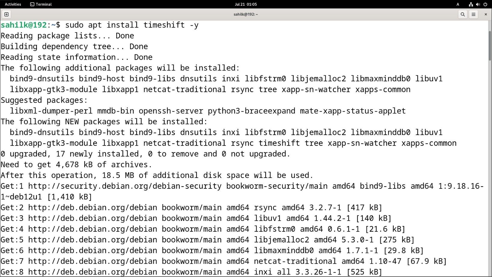Giao diện đầu cuối Linux Debian hiển thị các lệnh cài đặt Timeshift