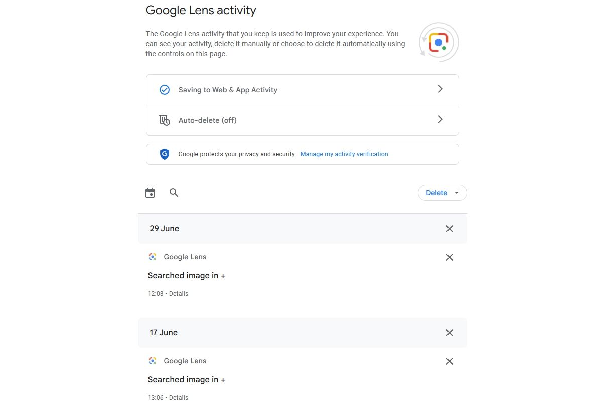 Trang Hoạt động của Google Ống kính trên trang Hoạt động của tôi trên Google