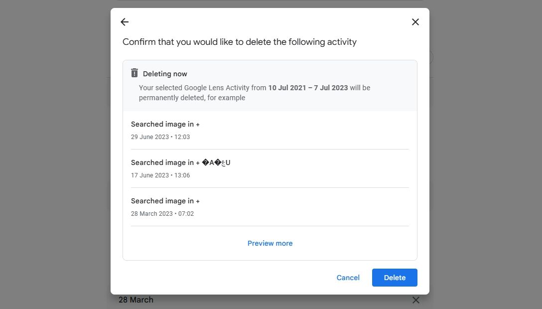 Tùy chọn xóa trên trang Hoạt động của tôi trên Google