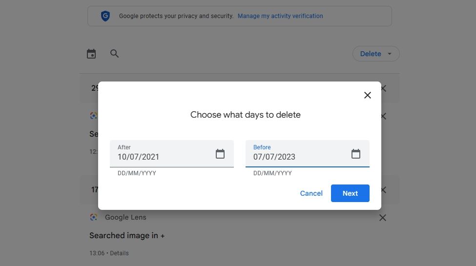 Ngày tùy chỉnh trên trang Hoạt động của tôi trên Google