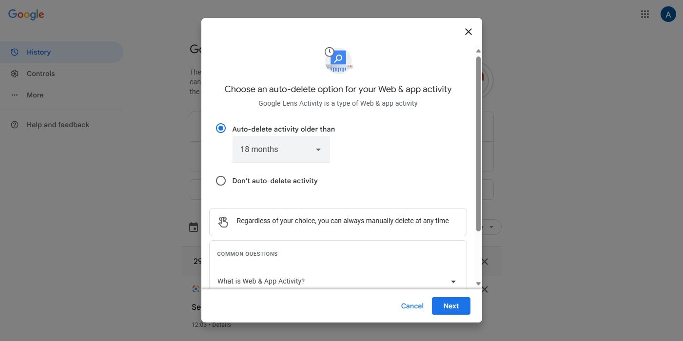 Tự động xóa hoạt động cũ hơn tùy chọn trên trang Hoạt động của tôi trên Google