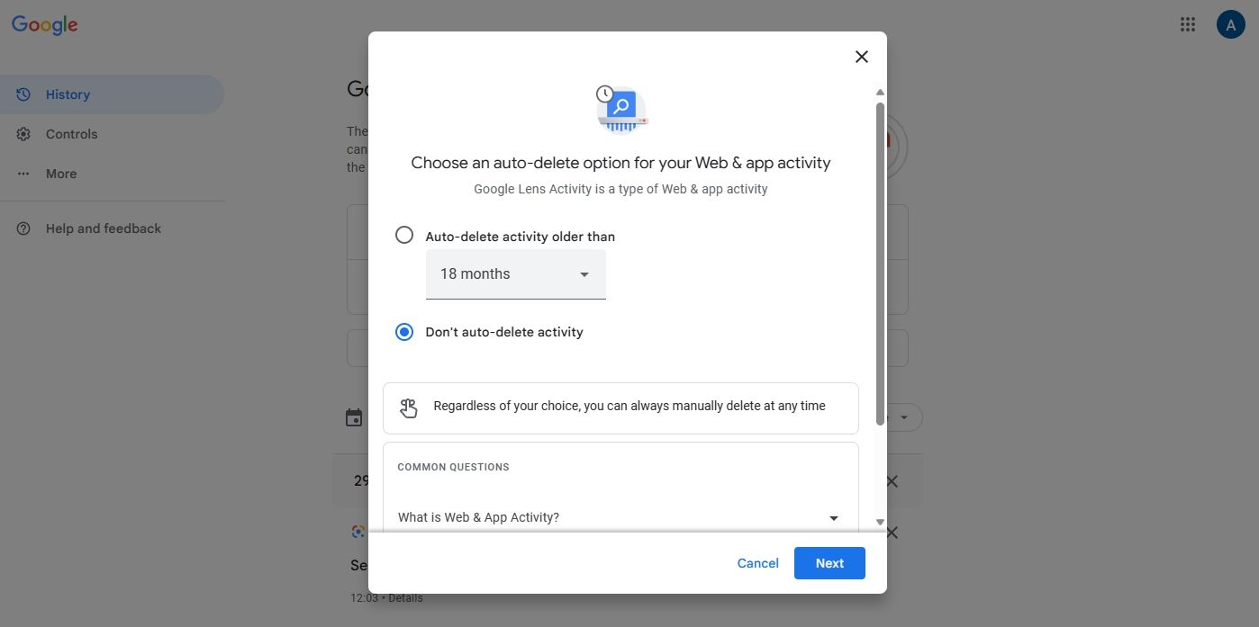 Không tự động xóa tùy chọn hoạt động trên trang Hoạt động của tôi trên Google