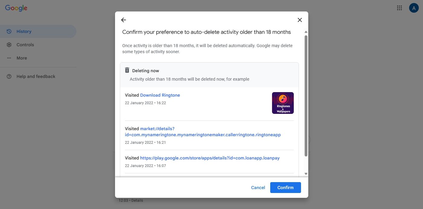 Xác nhận tùy chọn trên trang Hoạt động của tôi trên Google