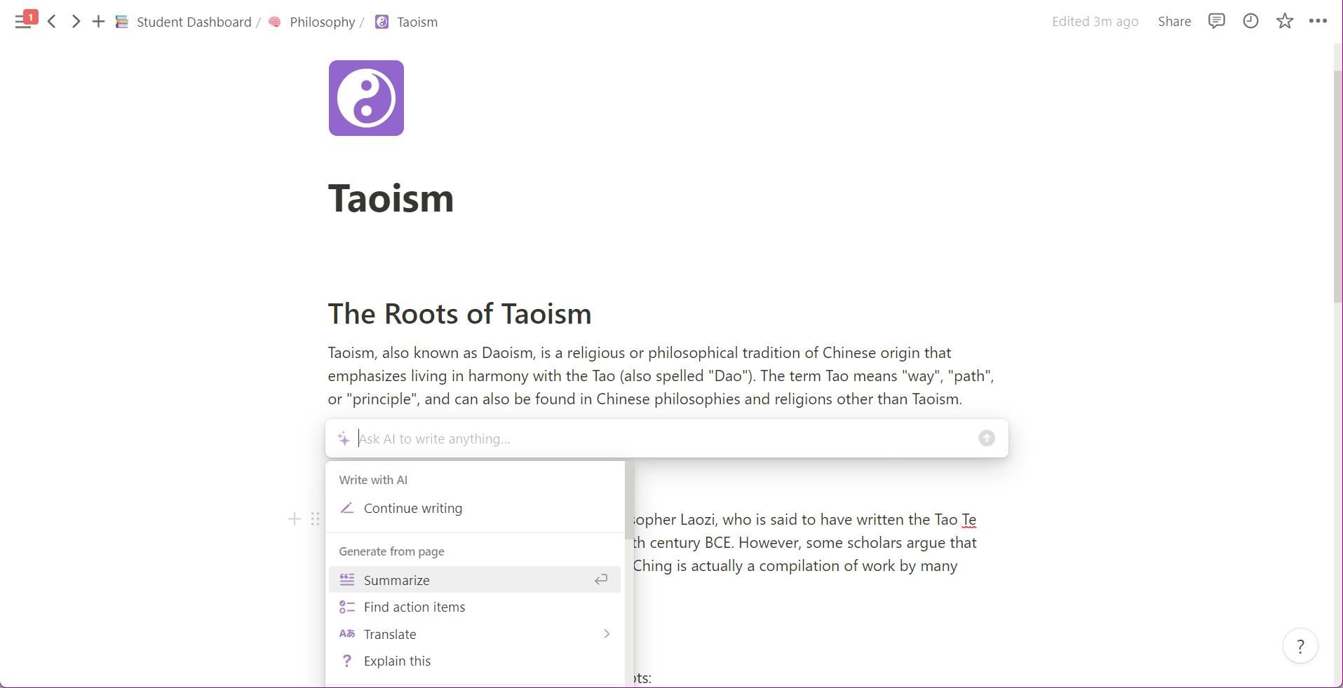Hỗ trợ Notion AI trên Ghi chú lớp Đạo giáo
