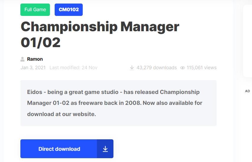 Tùy chọn tải xuống trực tiếp cho Championship Manager 01/02