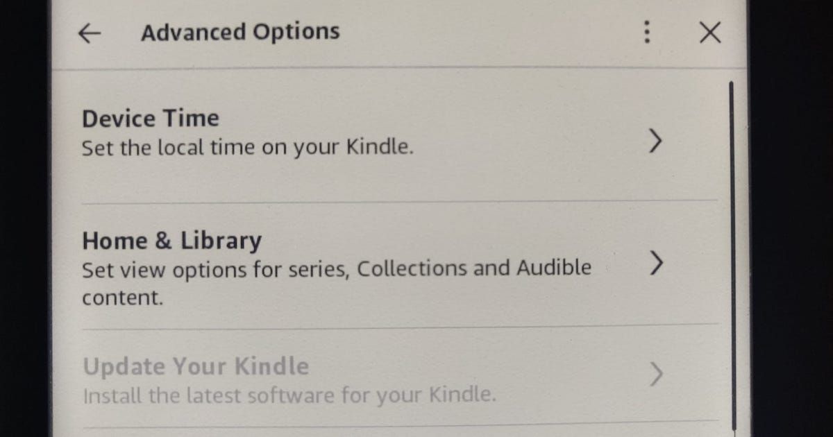 Tùy chọn nâng cao của Kindle với Cập nhật Kindle của bạn chuyển sang màu xám