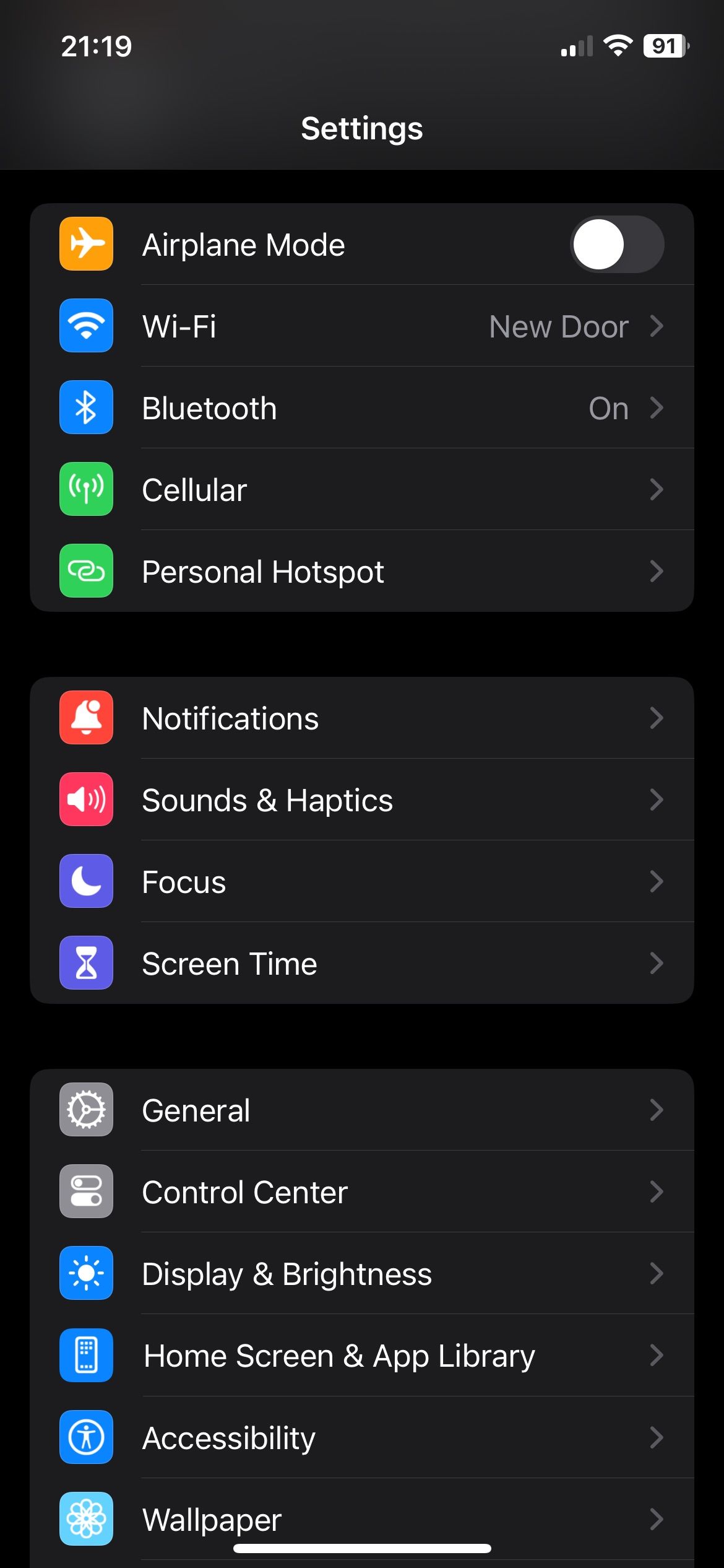 các phần trong ứng dụng Cài đặt iOS