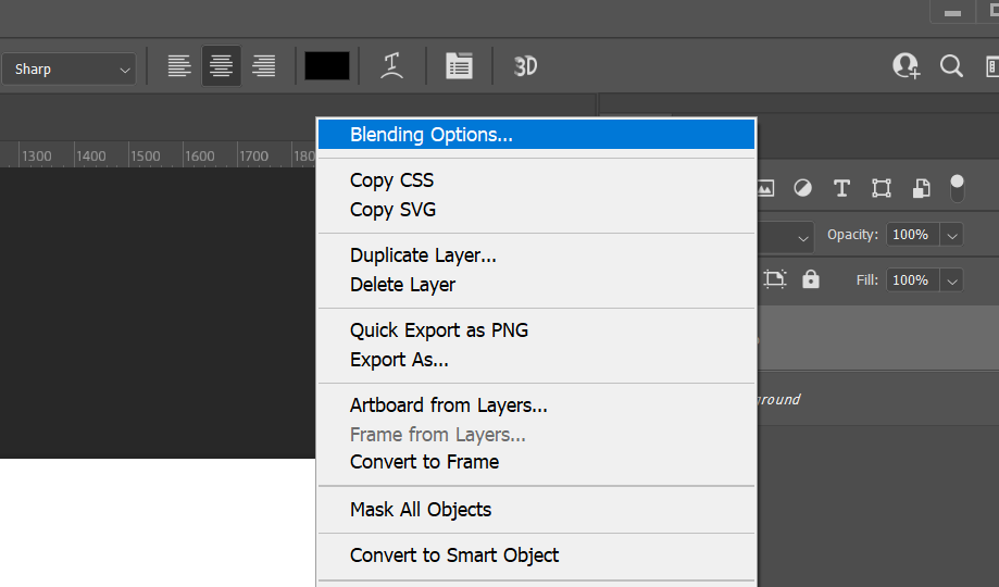 Điều hướng vào Blending Options trong Photoshop.