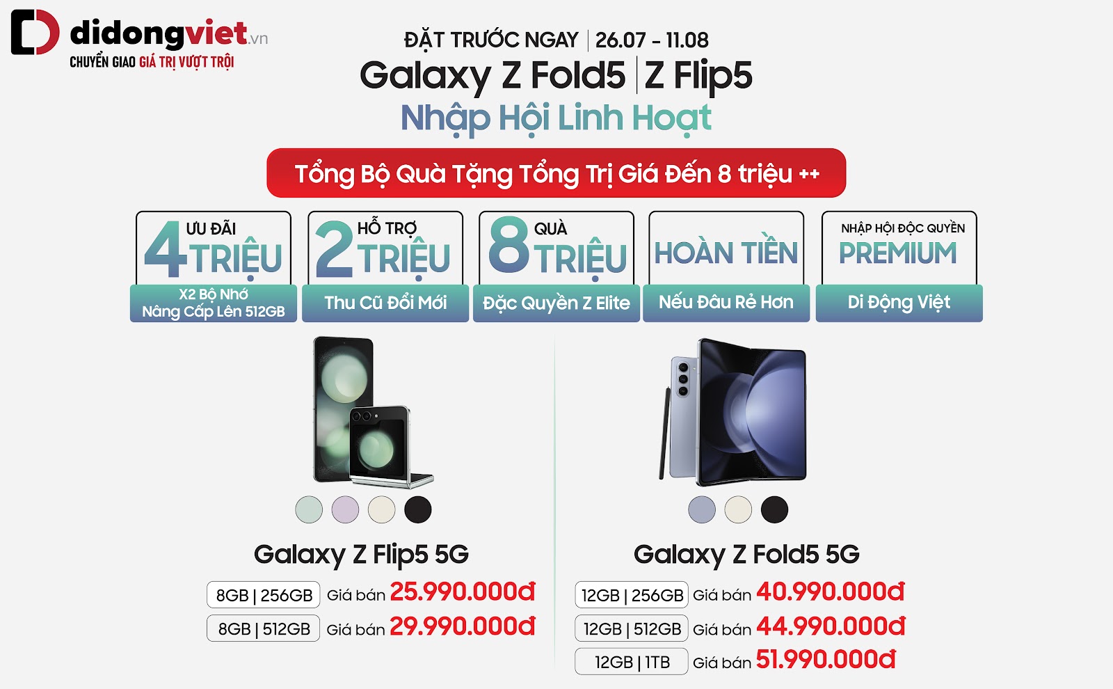 Di Động Việt nhận đặt trước Galaxy Z Fold5|Z Flip5 với nhiều ưu đãi TechTimes Vietnam Bảng giá Galaxy Z Fold5|Z Flip5 tại Di Động Việt