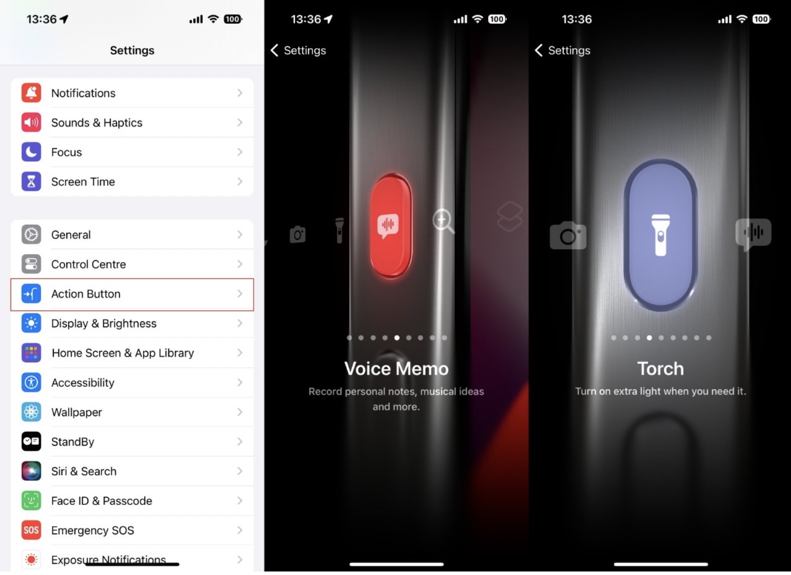 Vuốt để chọn tùy chọn nào của Apple mà bạn muốn cho nút Action