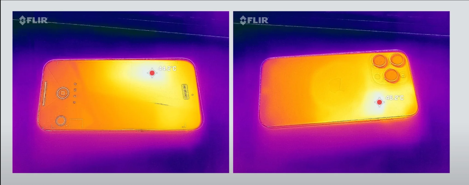 Smartphone 15 Plus từ Táo Khuyết ghi nhận nhiệt độ lên đến 46.7 độ C. Nguồn: Bulls Lab Youtube