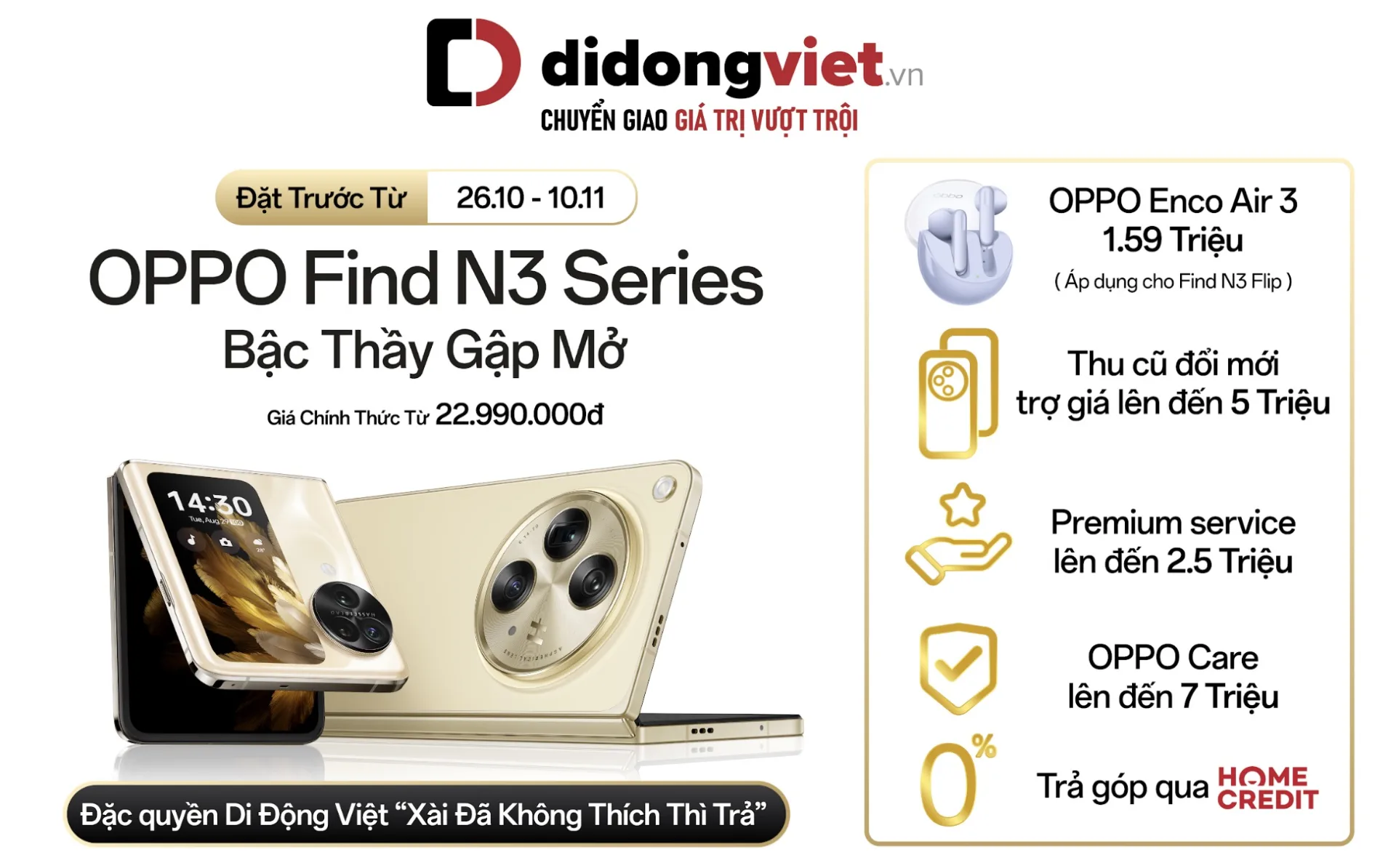 Di Động Việt nhận đặt trước OPPO Find N3 series ưu đãi lên đến 14,5 triệu đồng