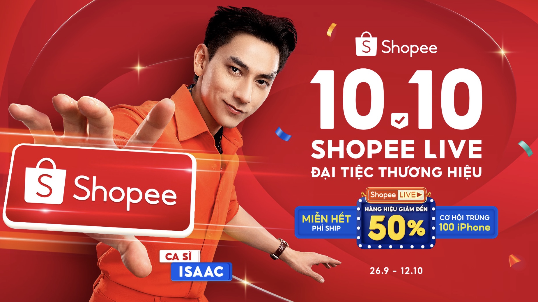 Kéo dài từ ngày 26.9 đến hết ngày 12.10, sự kiện 10.10 Shopee Live Đại Tiệc Thương Hiệu tiếp nối chuỗi ưu đãi và giải trí hấp dẫn của Shopee trong mùa mua sắm cuối năm.