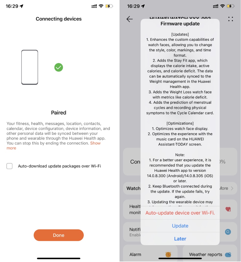 Cập nhật firmware trên ứng dụng Huawei Health.