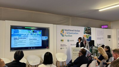 Environmental Protection Bureau Kaohsiung City Government Director Jui-Hun Chang shared Kaohsiung City's experience in achieving net zero transformation at the "LGMA" in the COP28 Blue Zone. (PRNewsfoto/Kaohsiung City Government)