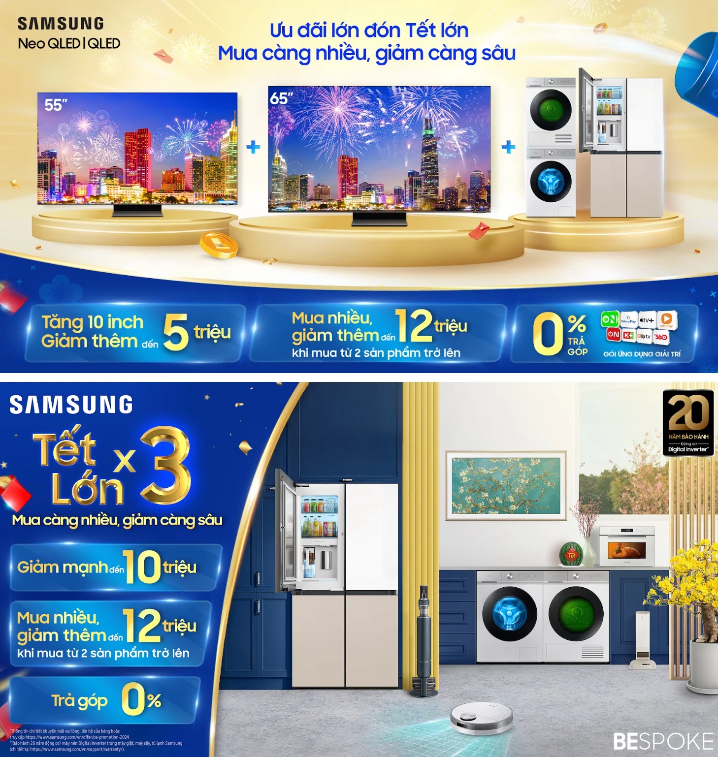 Đón Tết lớn, ưu đãi lớn “Mua càng nhiều, giảm càng sâu” cùng Samsung TechTimes Vietnam Nhân dịp lễ hội mua sắm cuối năm và đón chào năm mới, chương trình “Mua càng nhiều, giảm càng sâu” mang đến cơ hội sở hữu thiết bị gia dụng Samsung với ưu đãi đến 10 triệu đồng, giảm đến 12 triệu đồng khi mua sản phẩm thứ 2 trở lên, hỗ trợ trả góp 0% lãi suất