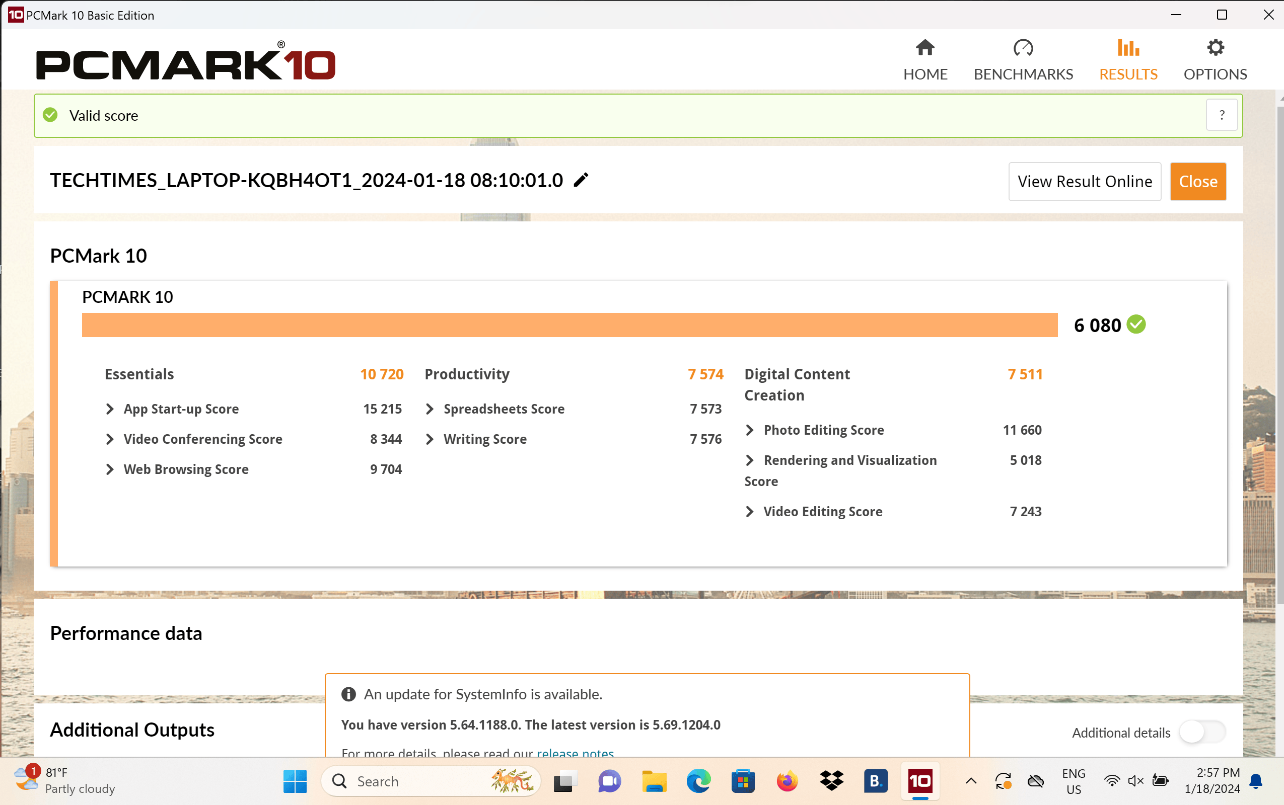 Kết quả thử nghiệm với PCMark 10 cho điểm số 6080 điểm.