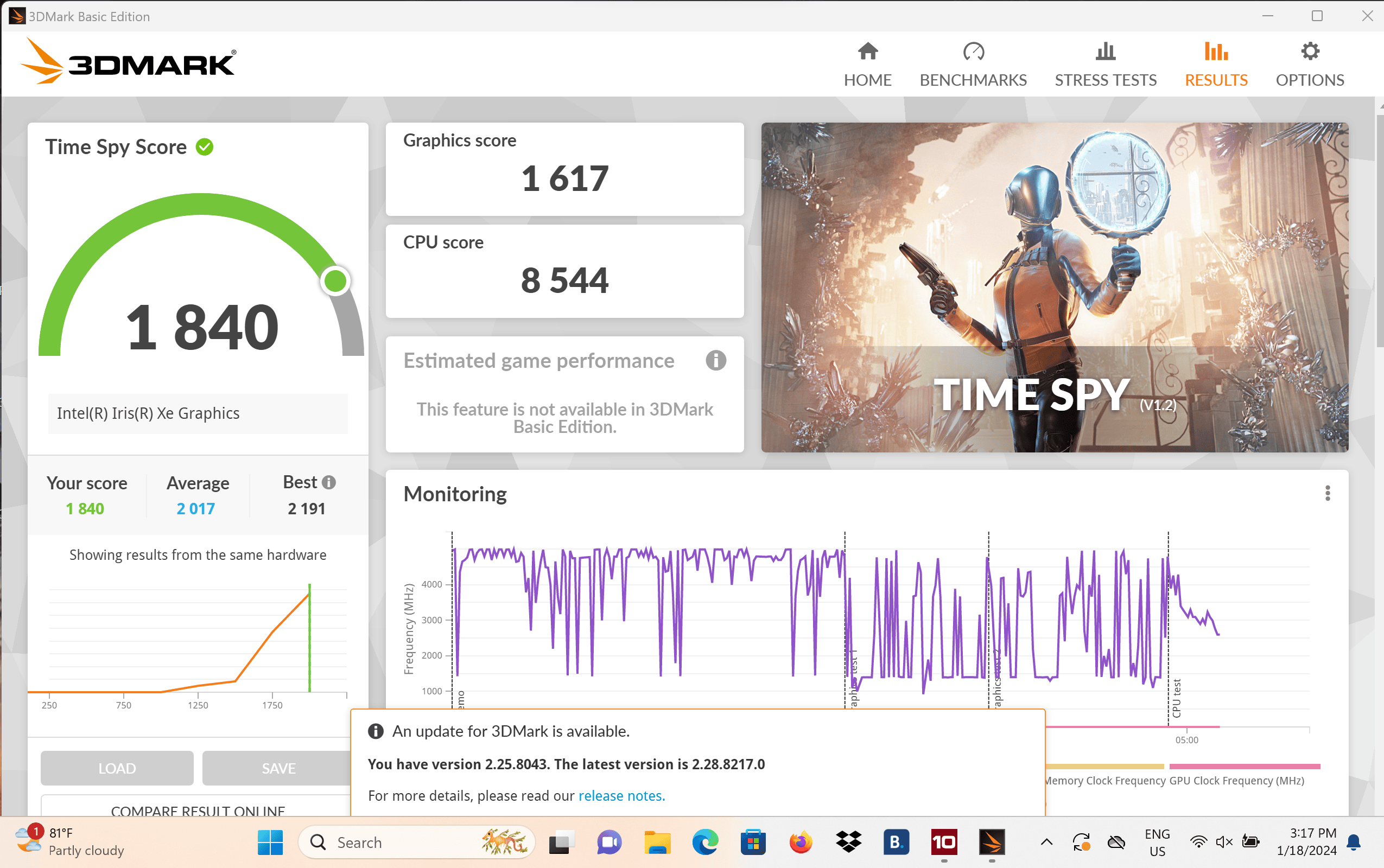 Hiệu năng đồ hoạ với 3DMark đạt điểm 1.840 ở phép thử Time Spy.