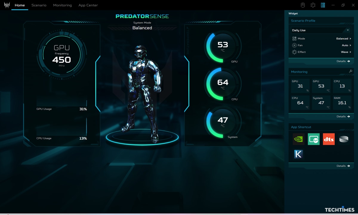 Tiện ích Predator Sense giúp game thủ có thể điều chỉnh hiệu năng CPU, GPU, tốc độ quạt. Ngoài ra, phần mềm có thể điều chỉnh bàn phím RGB 4 vùng, tùy chỉnh màu sắc theo ý thích.