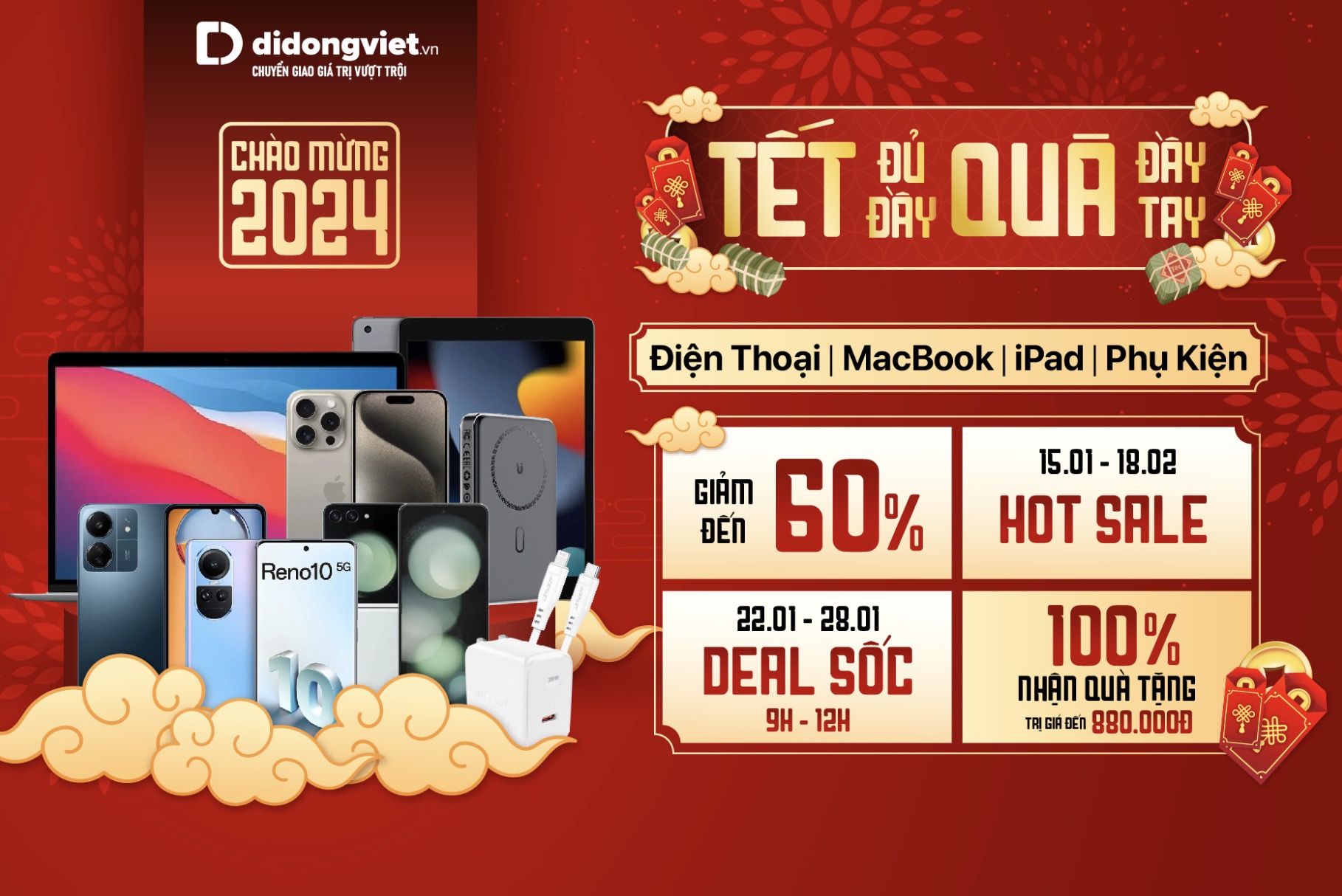 Tết Giáp Thìn 2024, Di Động Việt giảm giá mạnh điện thoại, phụ kiện