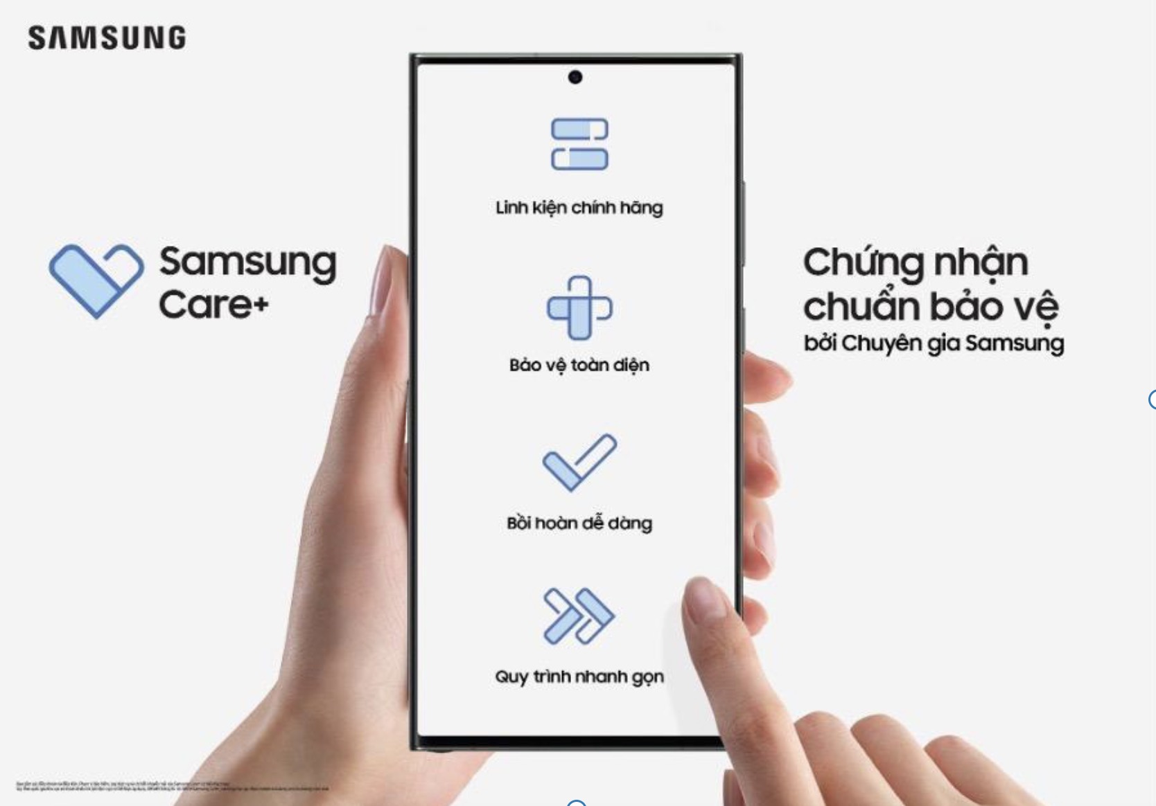 Gói bảo hành Samsung Care+ giúp  smartphone, máy tính bảng và đồng hồ thông minh Galaxy được kiểm tra bởi đội ngũ giàu kinh nghiệm, thay thế bằng linh kiện chính hãng, hỗ trợ nhanh chóng, tránh nhiều rủi ro khi sử dụng.