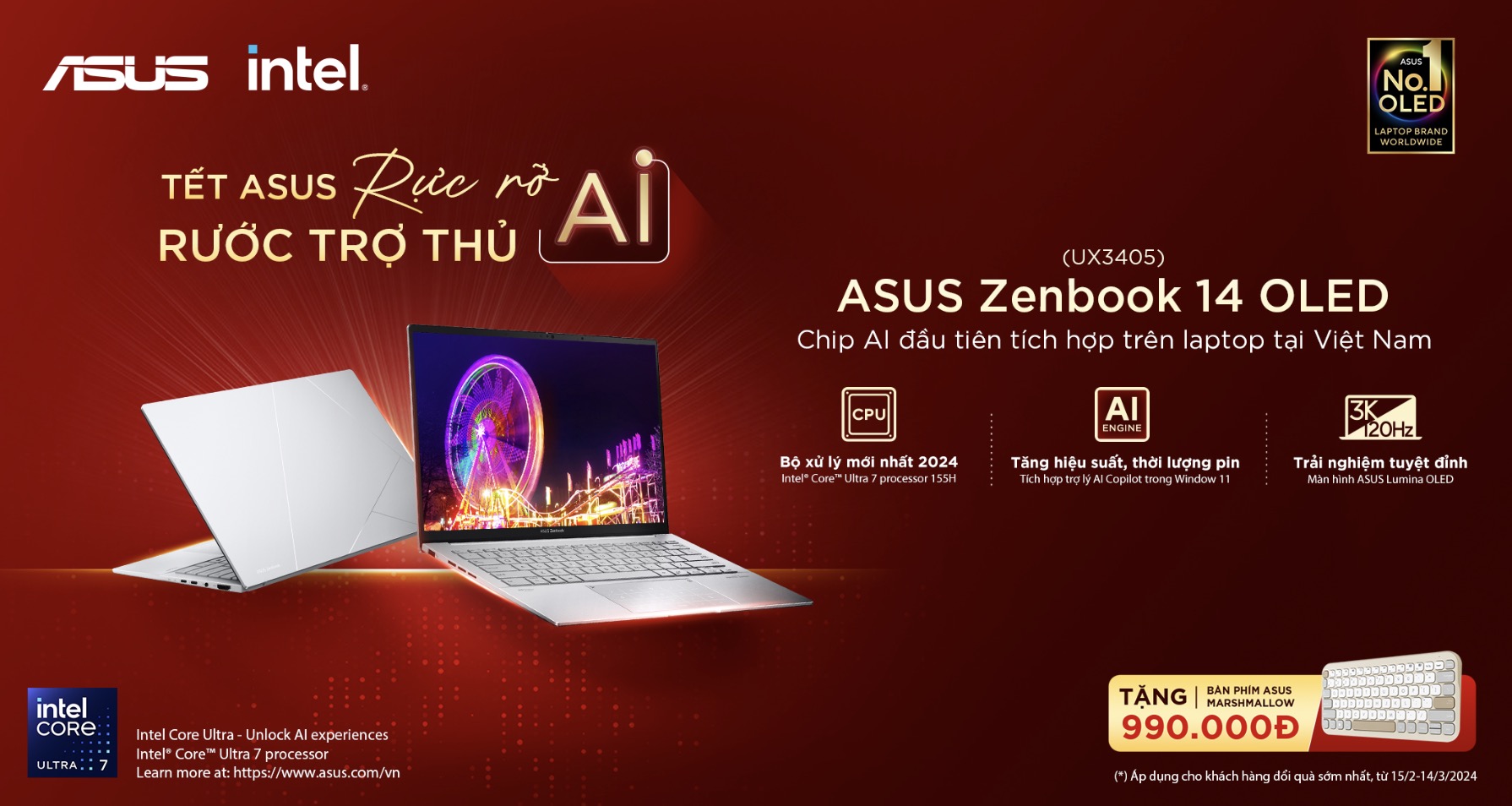 ASUS ra mắt chương trình “Tết ASUS rực rỡ - Rước trợ thủ AI” cùng Zenbook 14 OLED trang bị chip AI độc quyền tại Việt Nam.